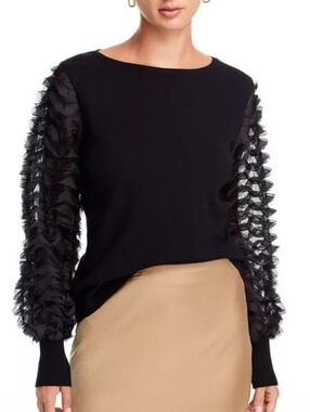 Sioni Women's Mixed Media Boat Neck Sheer Pullover Black Sweater Size Medium